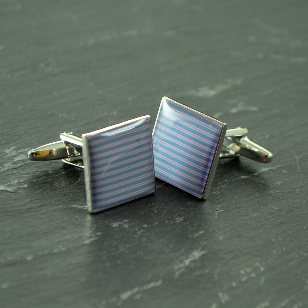 Pale Pink Striped Cufflinks on Grey Background | Ashton and Finch
