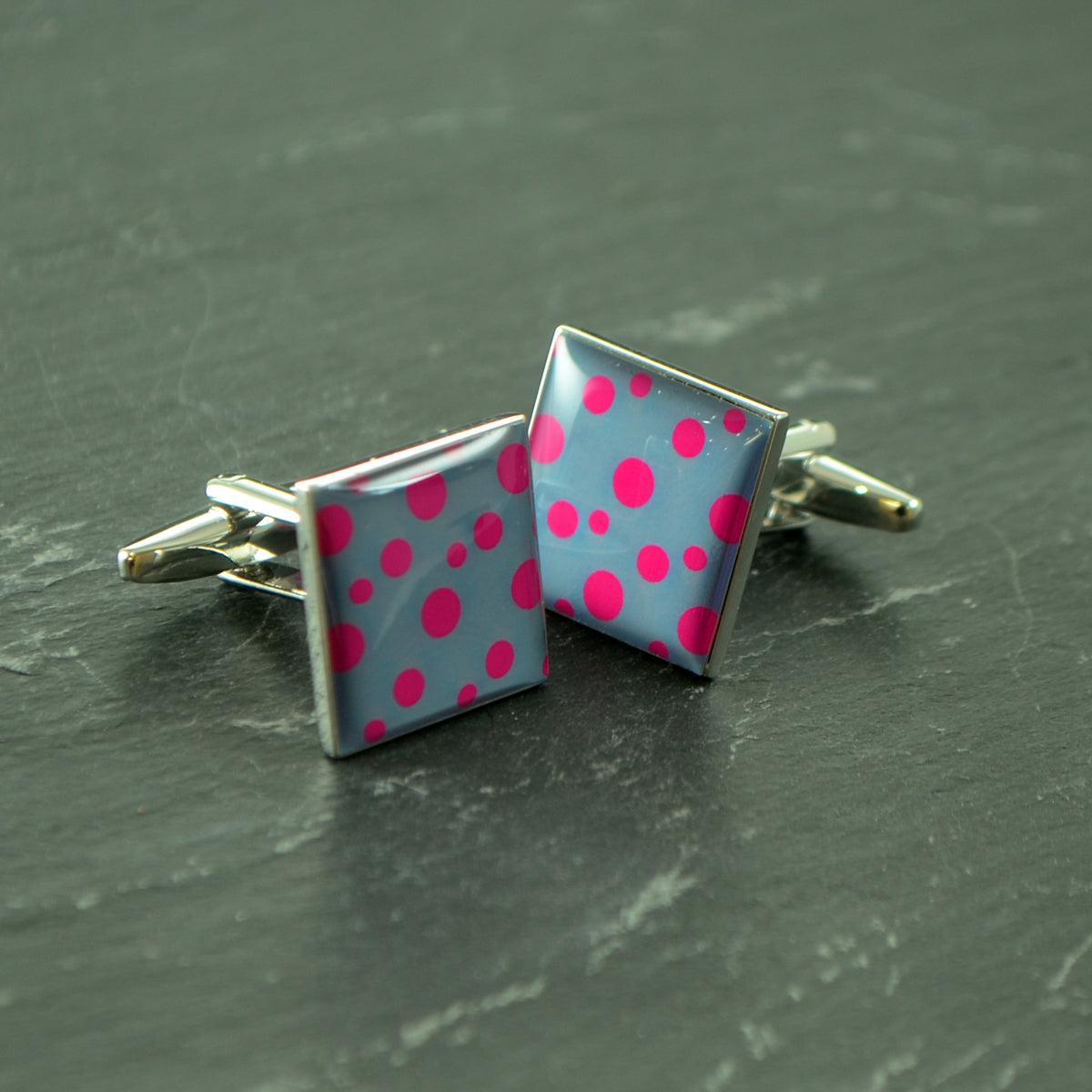 Hot Pink Spotted Cufflinks on Grey Background Cufflinks | Ashton and Finch