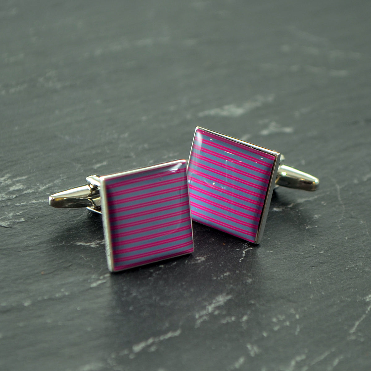 Hot Pink Striped Cufflinks on Grey Background Cufflinks | Ashton and Finch