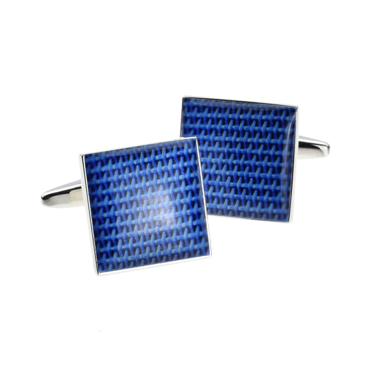 Close Up Blue Stitched Cotton Design Cufflinks | Ashton and Finch