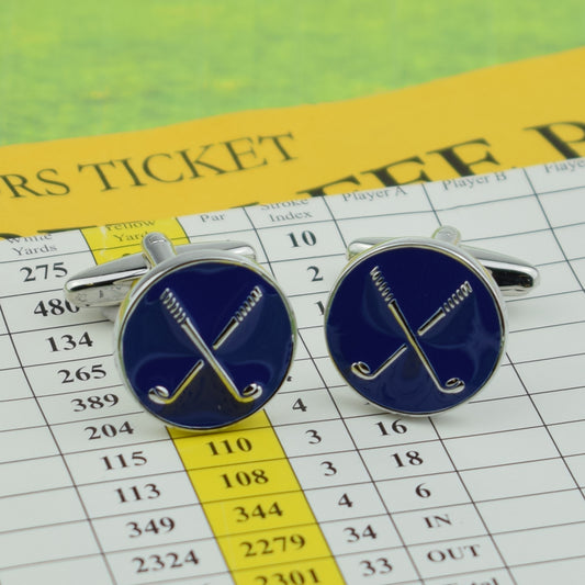 Round Enamelled Blue Crossed Golf Clubs Design Cufflinks | Ashton and Finch