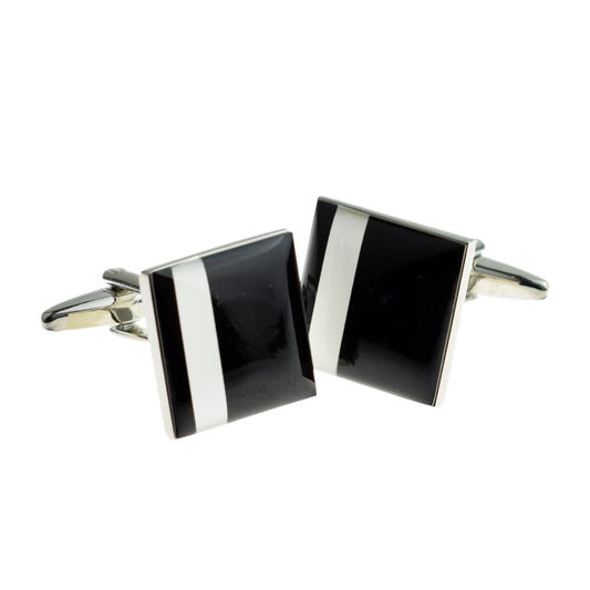 Black with Off Centre White Stripe Cufflinks | Ashton and Finch