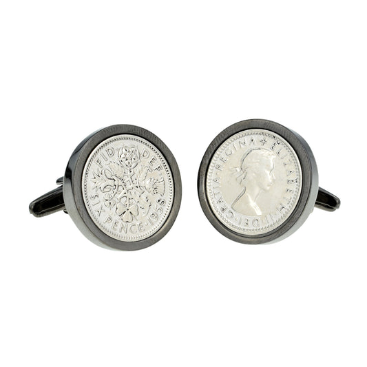 Polished Silver Sixpence in Gunmetal Finish Cufflinks | Ashton and Finch