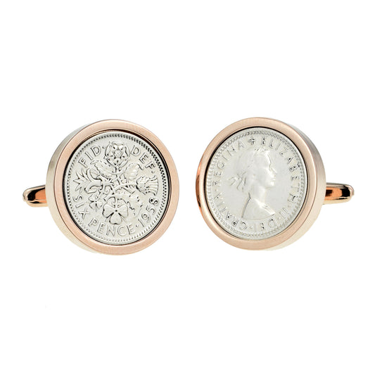 Polished Silver Sixpence in Rose Gold Finish Cufflinks | Ashton and Finch