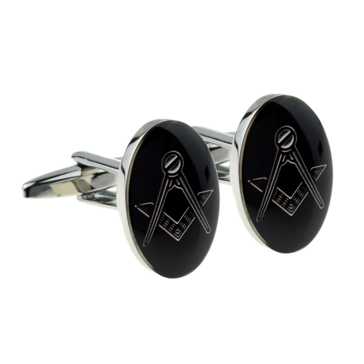 Rhodium Plated Black Oval Masonic Cufflinks (No G) | Ashton and Finch