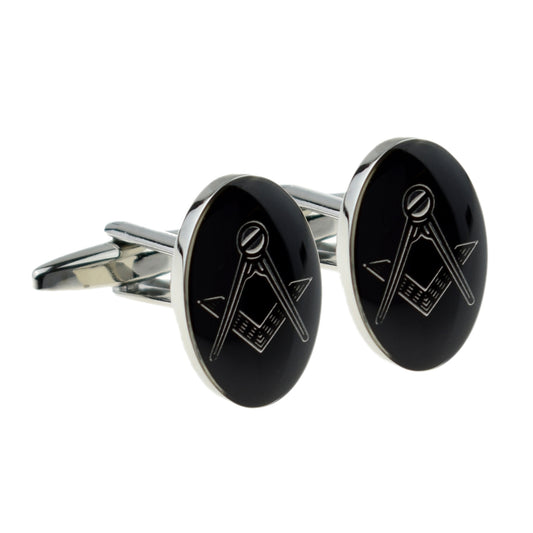Rhodium Plated Black Oval Masonic Cufflinks (No G) | Ashton and Finch