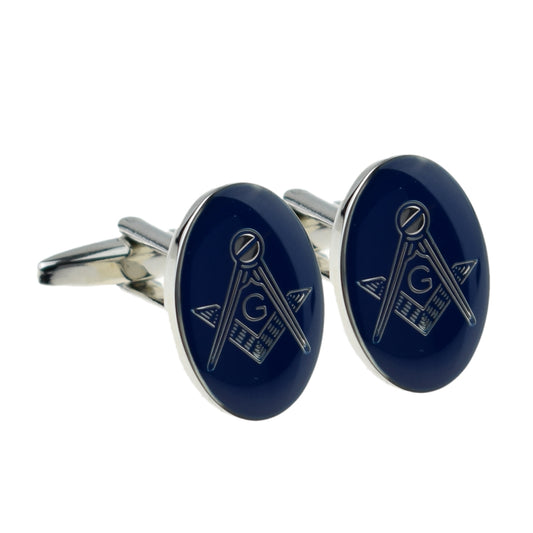 Rhodium Plated Blue Oval Masonic Cufflinks (With G) | Ashton and Finch
