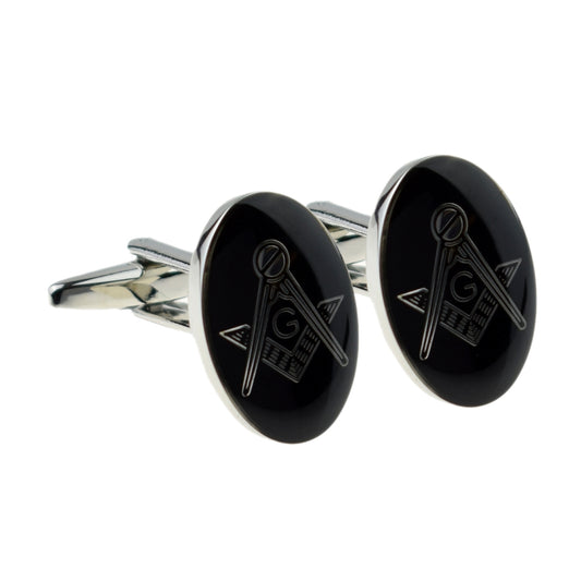Rhodium Plated Black Oval Masonic Cufflinks (With G) | Ashton and Finch