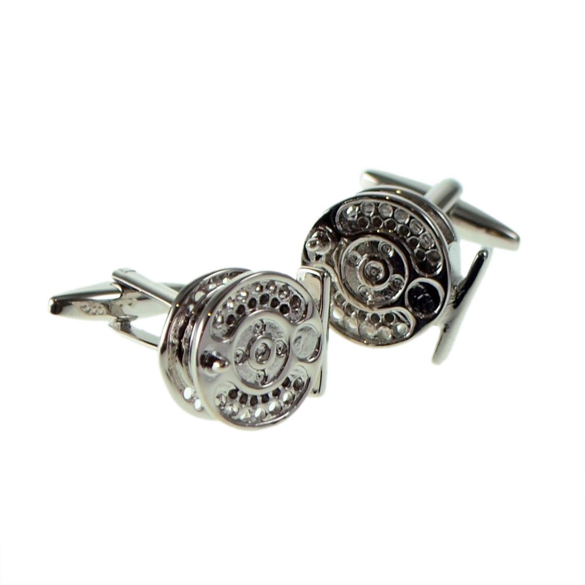 Large Rhodium Plated Fishing Reel Cufflinks | Ashton and Finch