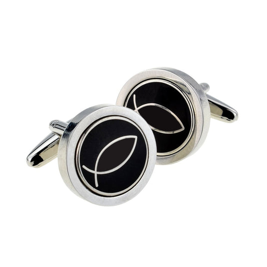 Silver Ichthus Christian Religious Fish on Black Background Cufflinks | Ashton and Finch
