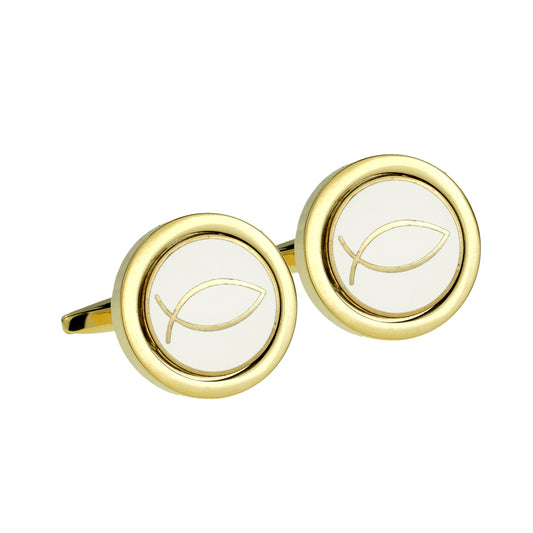 Gold Ichthus Religious Fish on White Background in Gold Cufflinks | Ashton and Finch