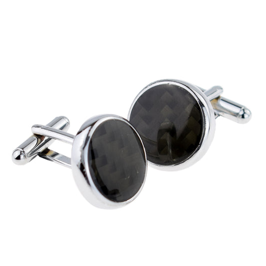 Round Rhodium Plated Carbon Fibre Cufflinks | Ashton and Finch