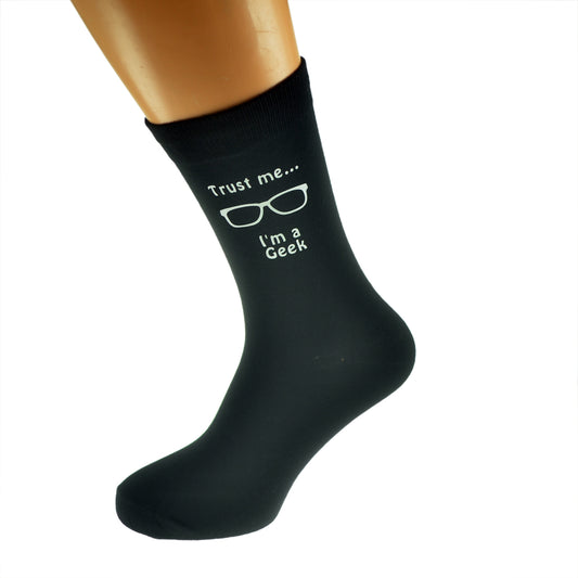 Trust Me I’m A Geek Mens Black Socks With Image Design| Ashton and Finch