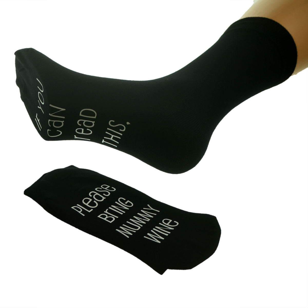 Sole Print Please Bring Mummy Wine Ladies Black Socks| Ashton and Finch