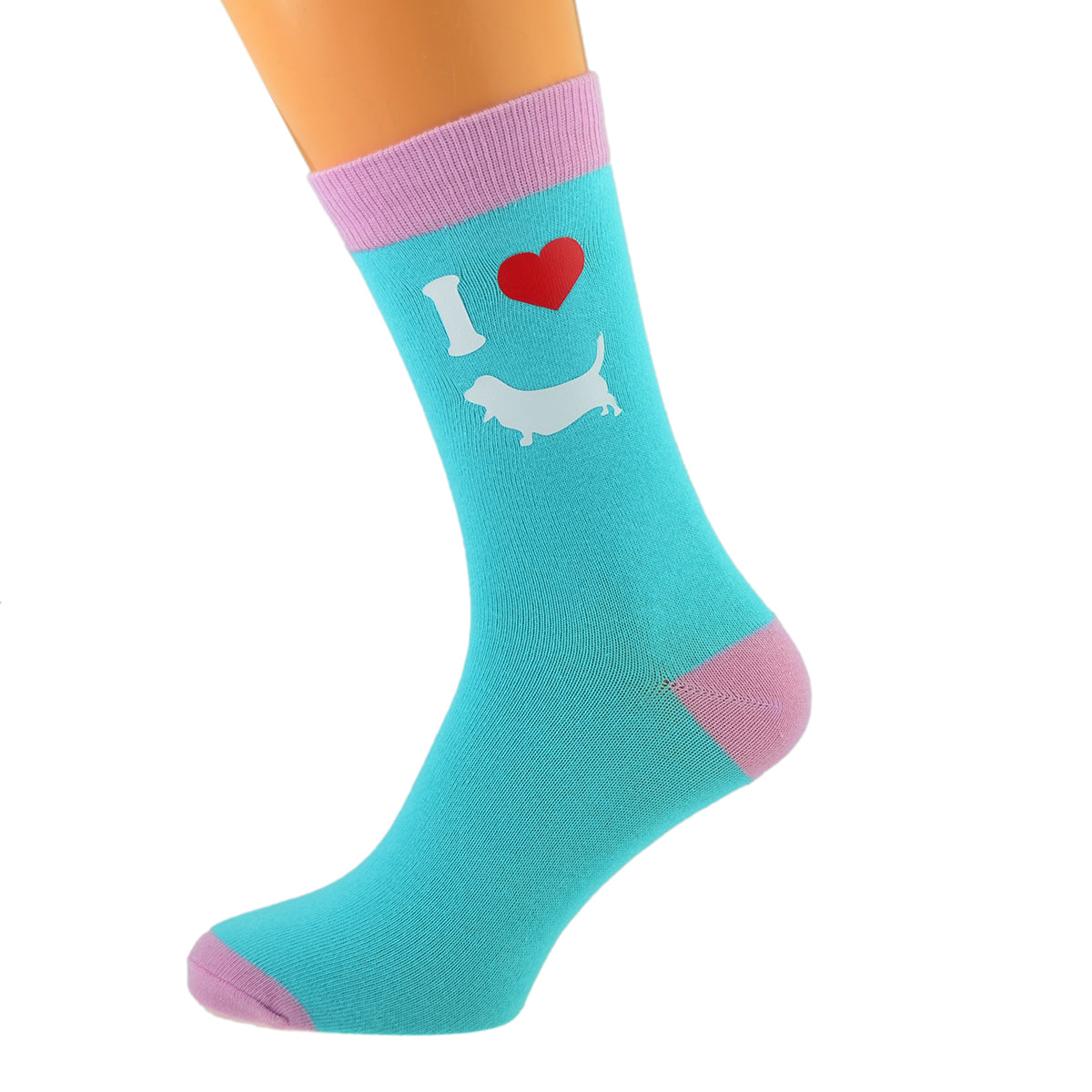 Turquoise Pale Pink Unisex Socks I Love Bassett Hounds Dog Design| Ashton and Finch