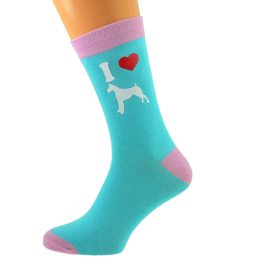 Turquoise Pale Pink Unisex Socks I Love Boxers Dog Design| Ashton and Finch