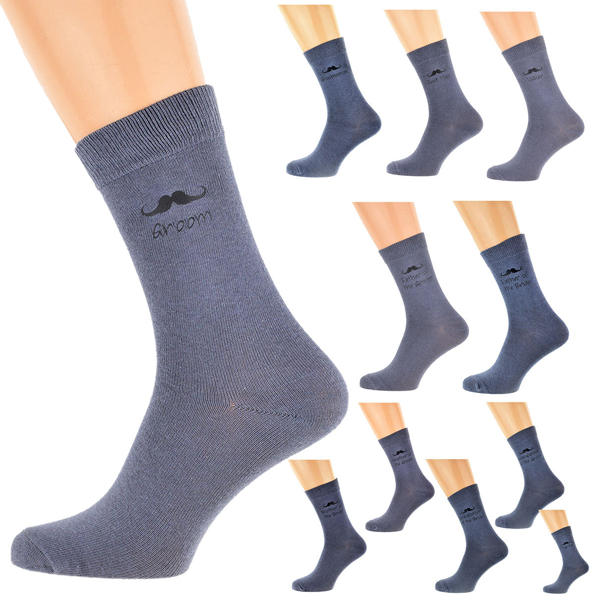 Ash Grey Wedding Socks With Black Moustache Design| Ashton and Finch