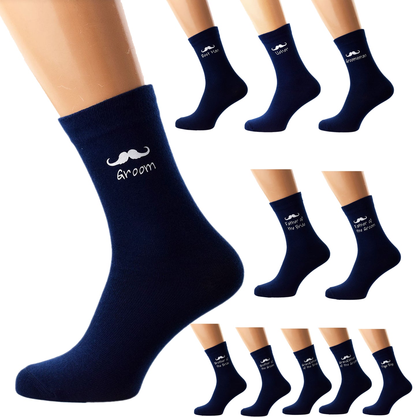 Navy Blue Wedding Socks With Moustache Design| Ashton and Finch