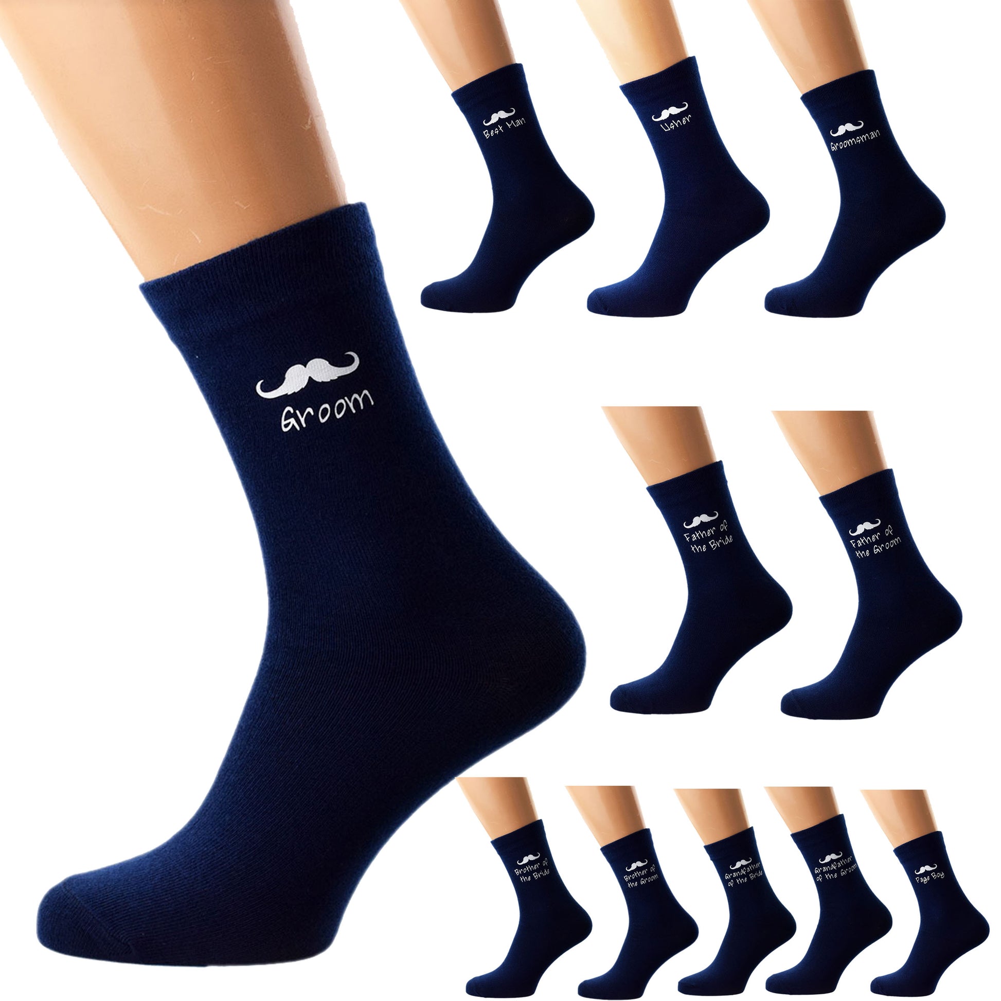 Navy Blue Wedding Socks With Moustache Design| Ashton and Finch