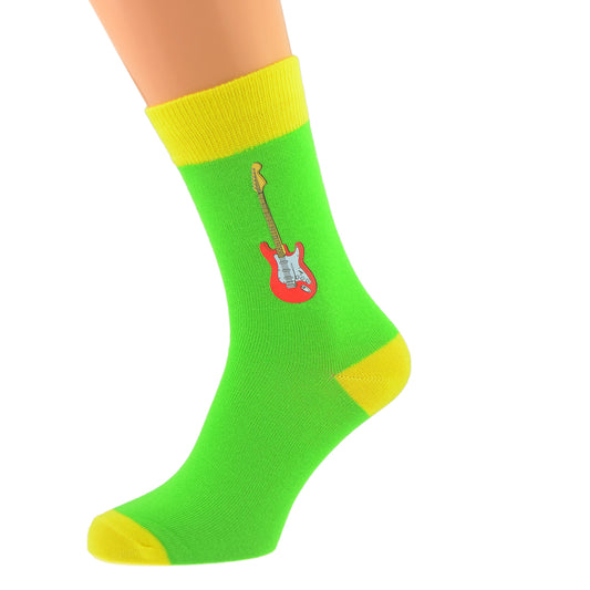 Two Colour Green Yellow Mens Socks With Red Guitar Design| Ashton and Finch
