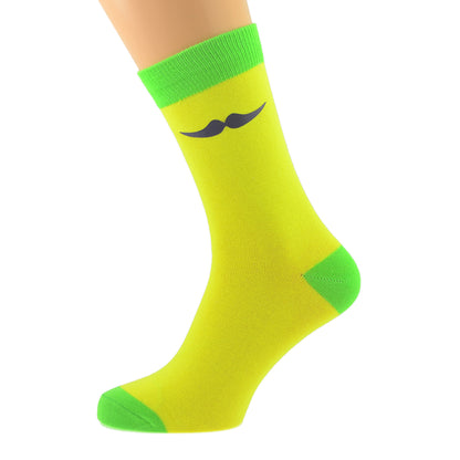Yellow Green Mens Socks With Purple Moustache Design| Ashton and Finch