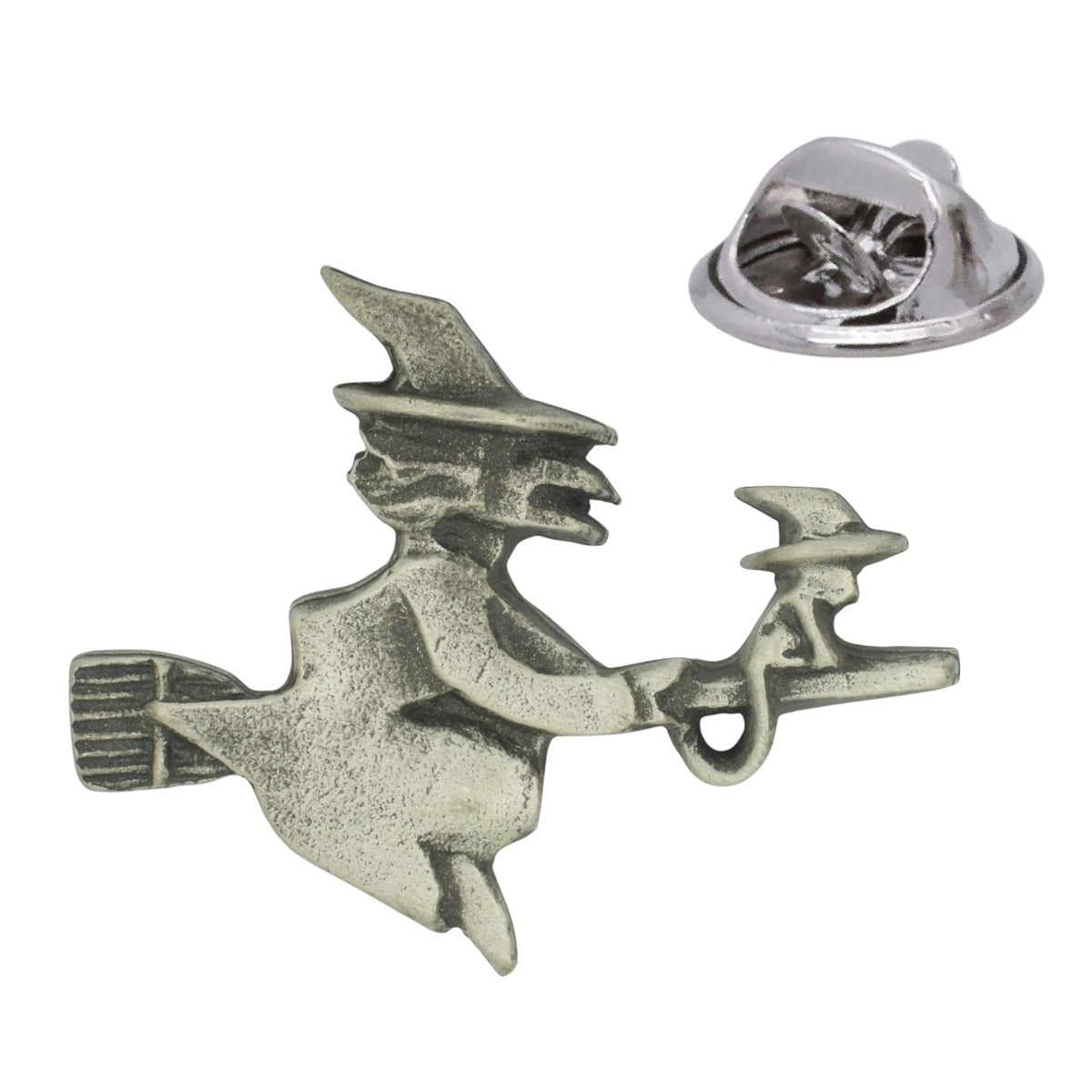 Witch & Cat on Broomstick English Made Pewter Lapel Pin Badge