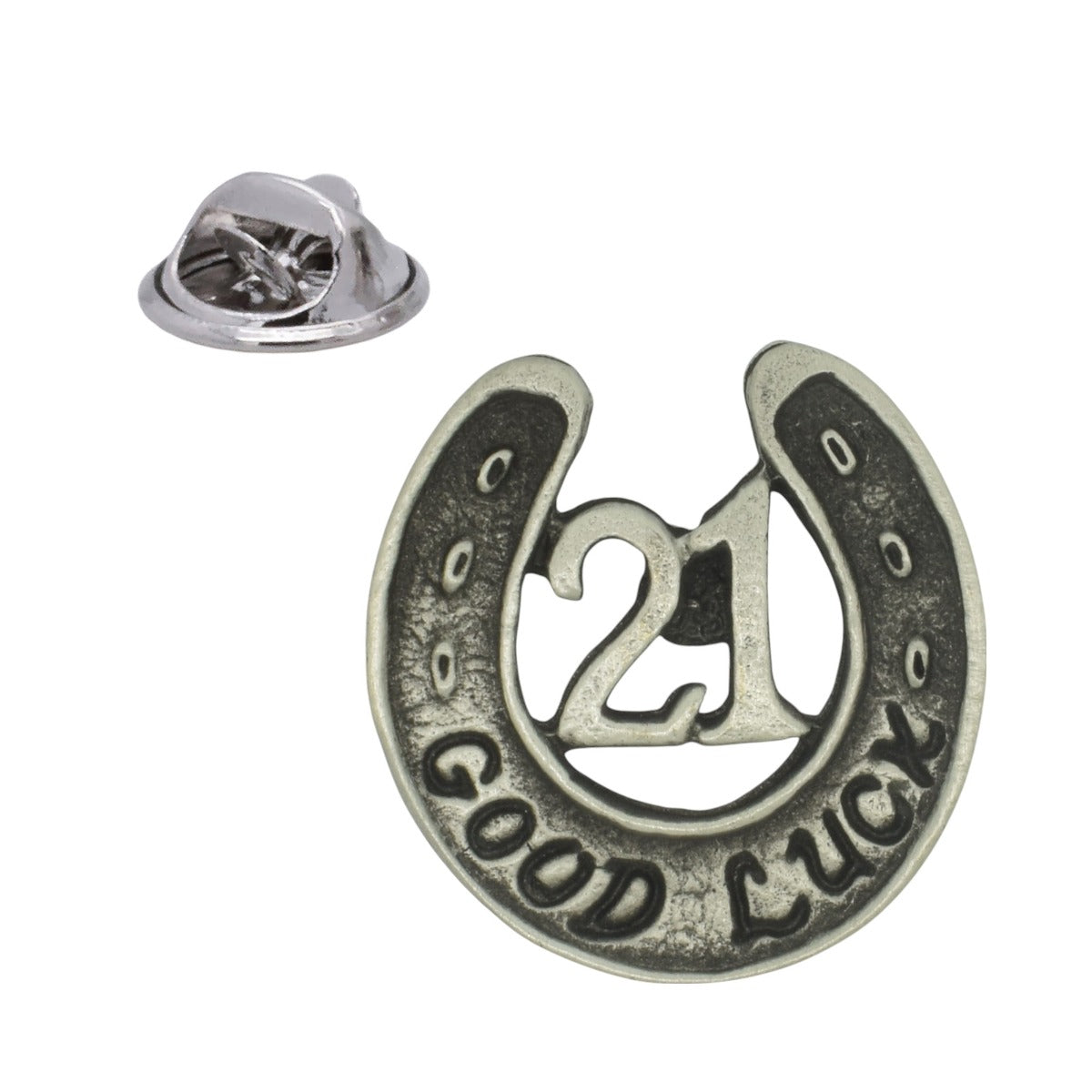 Good Luck 21 Horseshoe English Made Pewter Lapel Pin Badge