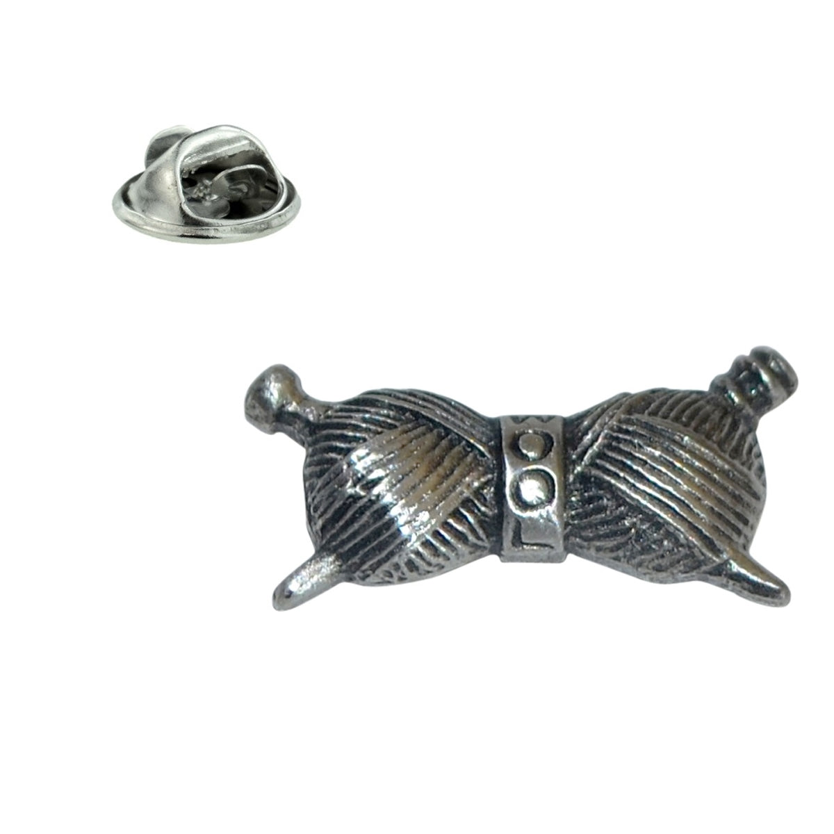 Balls of Wool Yarn with Crossed Knitting Needles English Made Pewter Lapel Pin Badge.