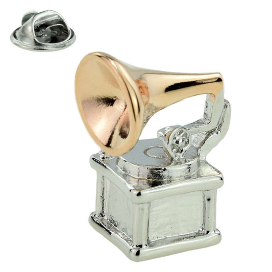 Retro Style Two Tone Gramophone Lapel Pin Badge