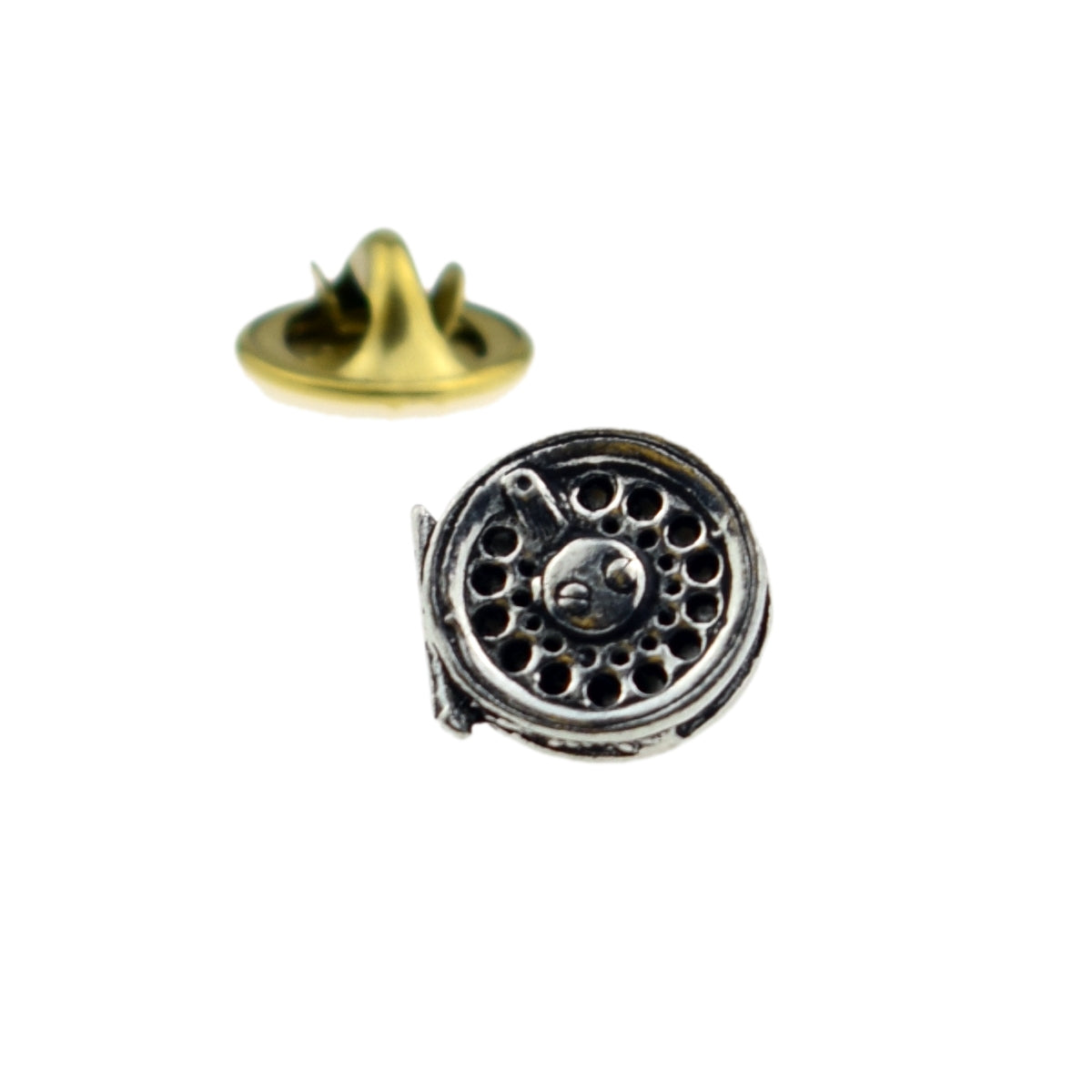 Fly Reel fish fishing English Pewter Lapel Pin Badge