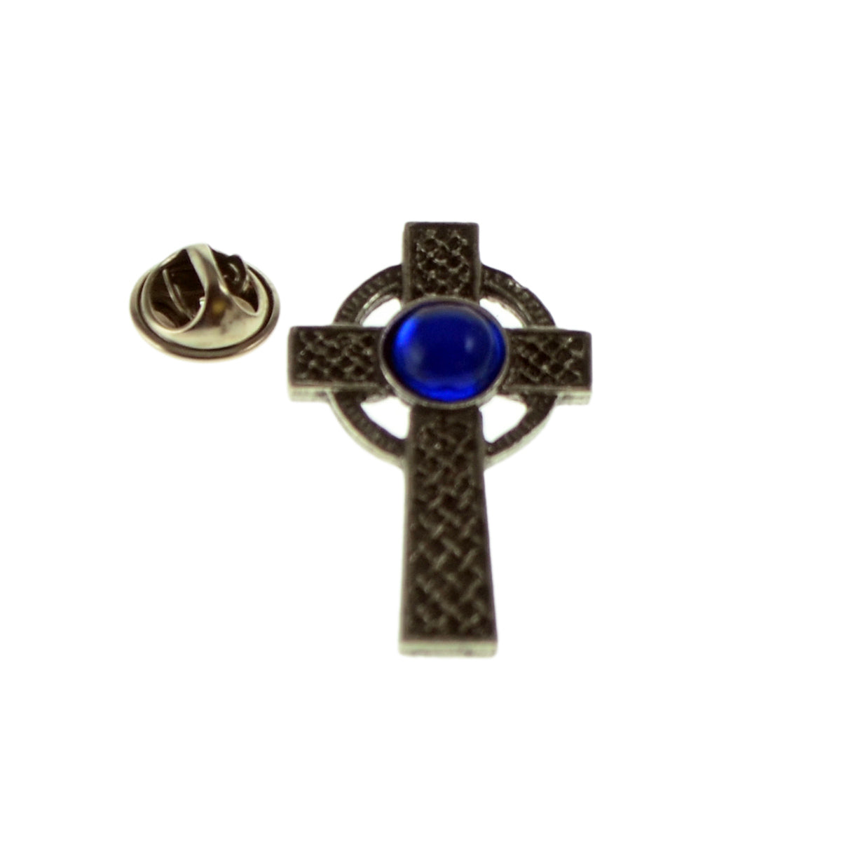 Interlaced Cross with Blue Gem Pewter Lapel Pin Badge