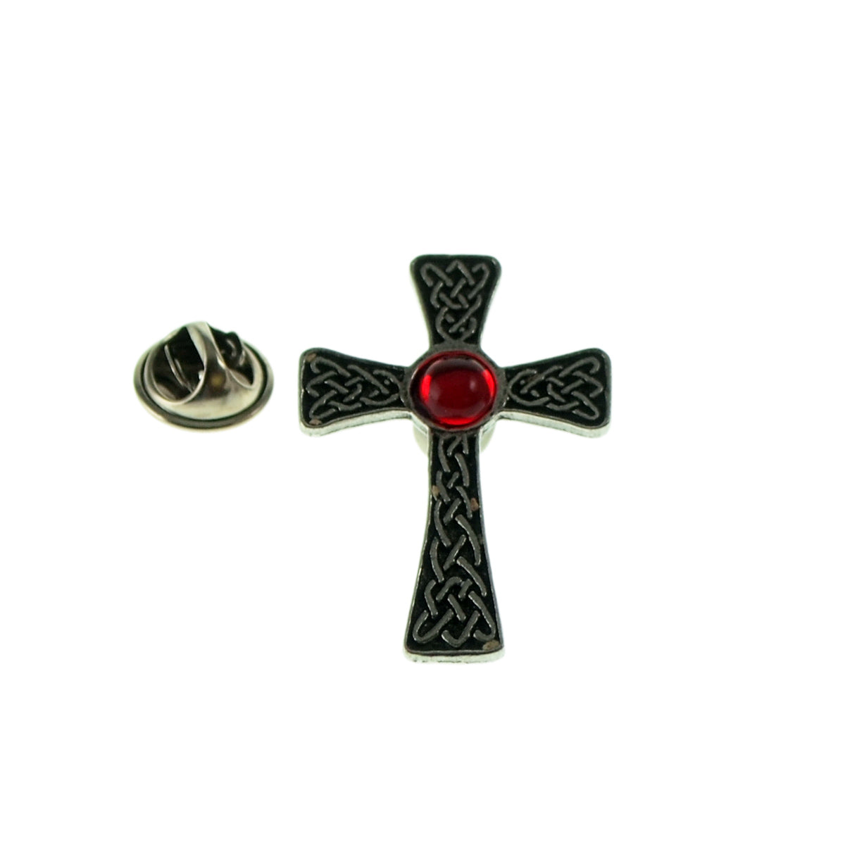 Red Celtic Gem Cross Pewter Lapel Pin Badge