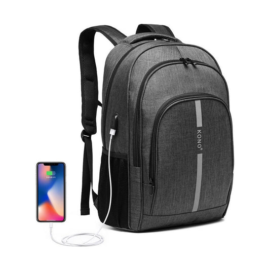 Large Backpack With Reflective Stripe And Usb Charging Interface - Grey - Ashton and Finch