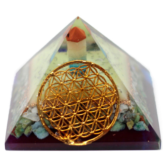 Lrg Organite Pyramid 80mm - Flower of life symbol - Ashton and Finch