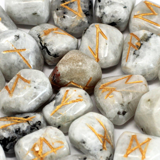 Runes Stone Set in Pouch - Rainbow Moonstone - Ashton and Finch