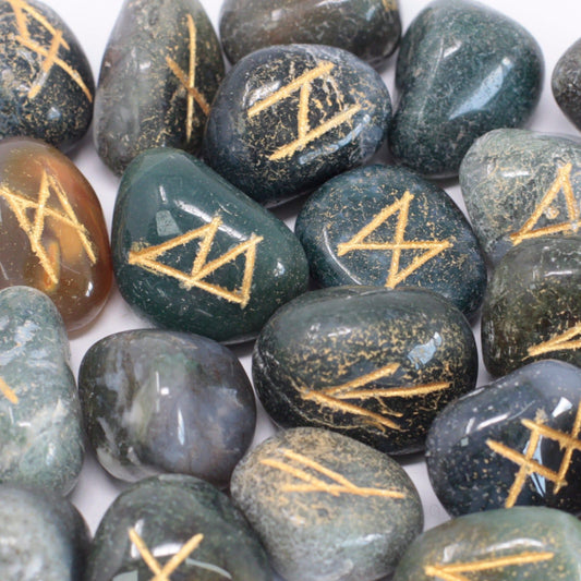 Runes Stone Set in Pouch - Moss Agate - Ashton and Finch