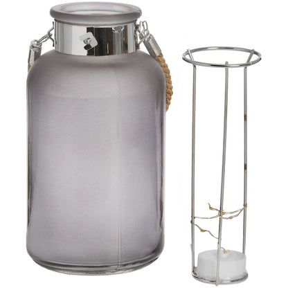 Frosted Grey Glass Lantern with Rope Detail and LED - Ashton and Finch