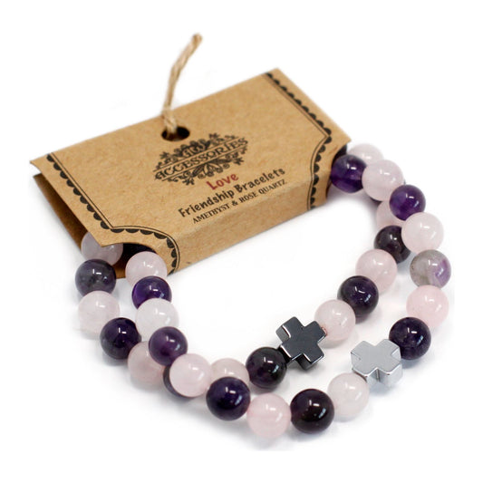 Set of 2 Gemstones Friendship Bracelets - Love - Amethyst & Rose Quartz - Ashton and Finch