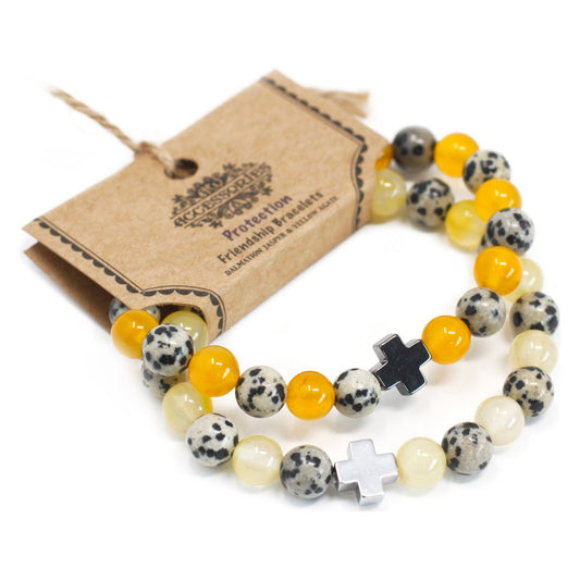 Set of 2 Gemstones Friendship Bracelets - Protection - Dalmatian Jasper & Yellow Agate - Ashton and Finch