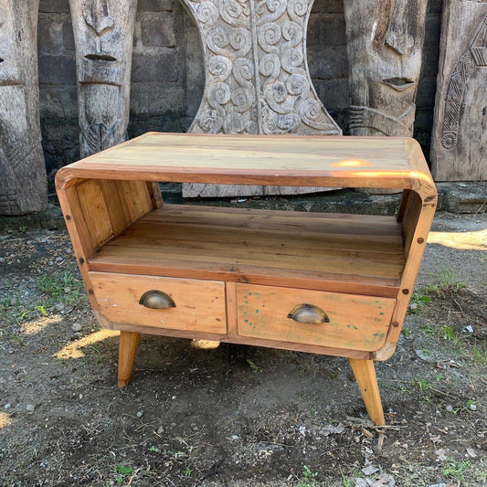Small TV Stand with 2 Draws Round - Recycled Wood - Ashton and Finch