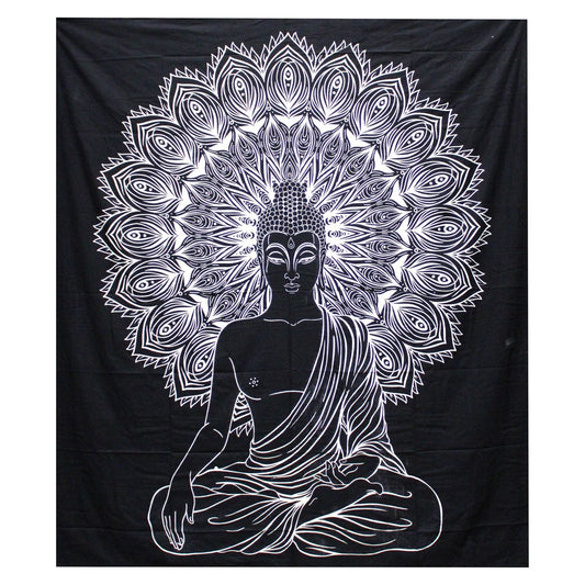 B&W Double Cotton Bedspread + Wall Hanging - Buddha - Ashton and Finch
