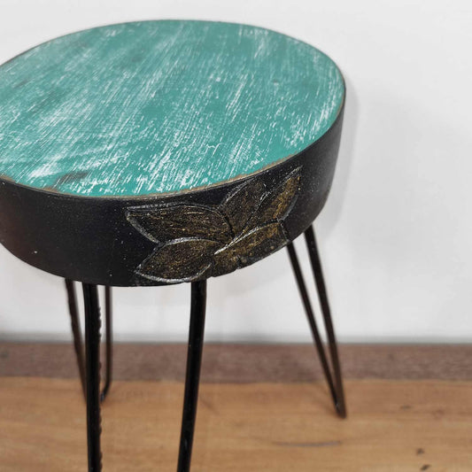 Albasia Wood Plant Stand - Turquoise & gold detail - Ashton and Finch