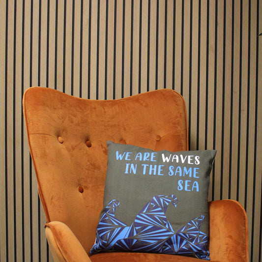 Printed Cotton Cushion Cover - We are Waves - Grey, Blue and Natural - Ashton and Finch