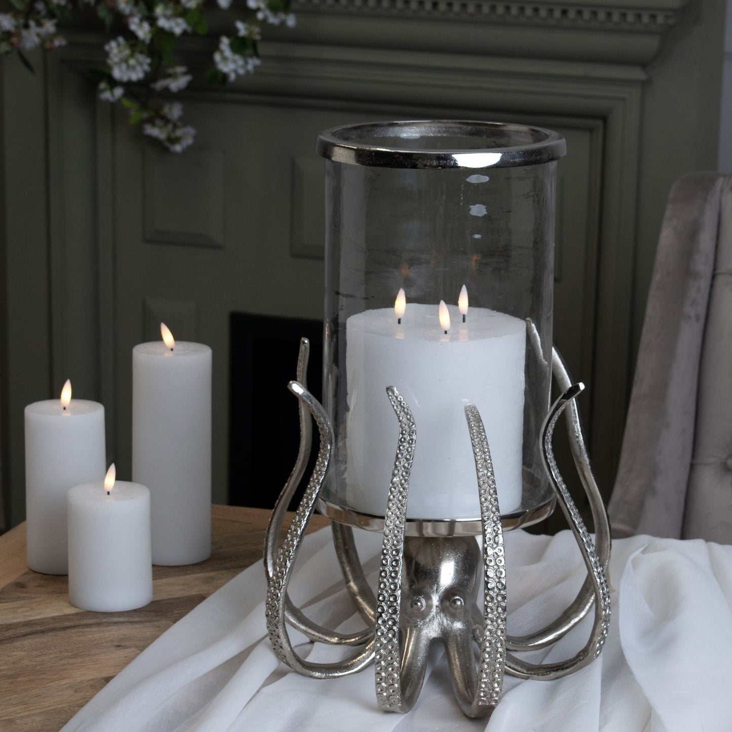 Large Silver Octopus Candle Hurricane Lantern - Ashton and Finch