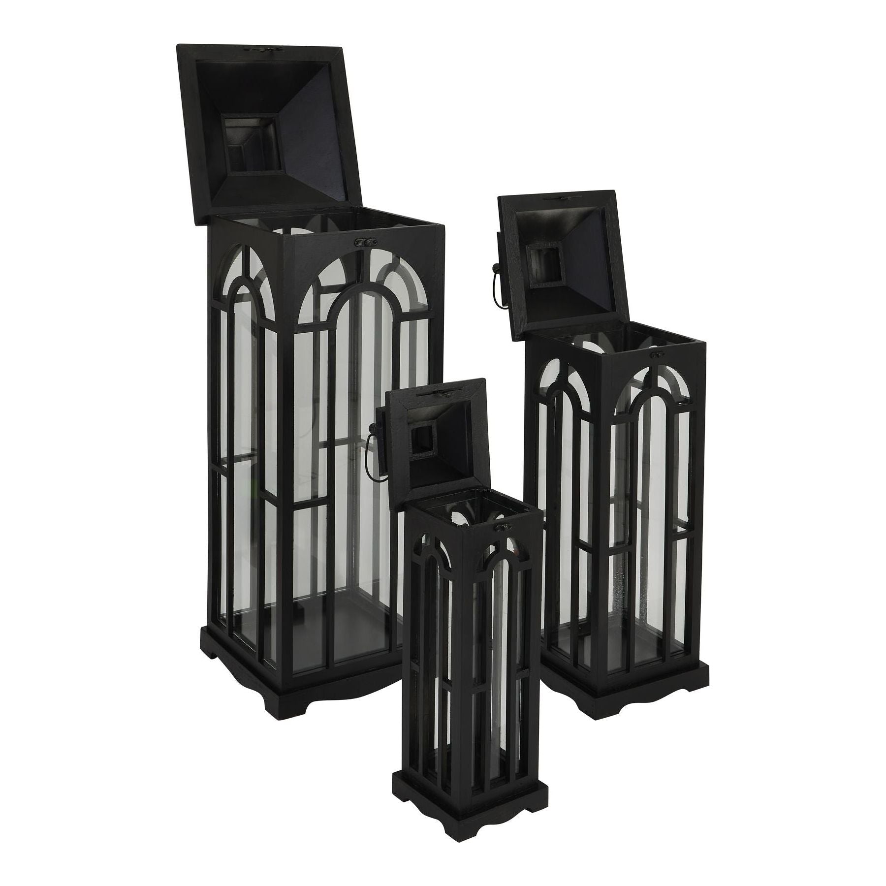 Set Of Three Black Wooden Lanterns With Archway Design - Ashton and Finch