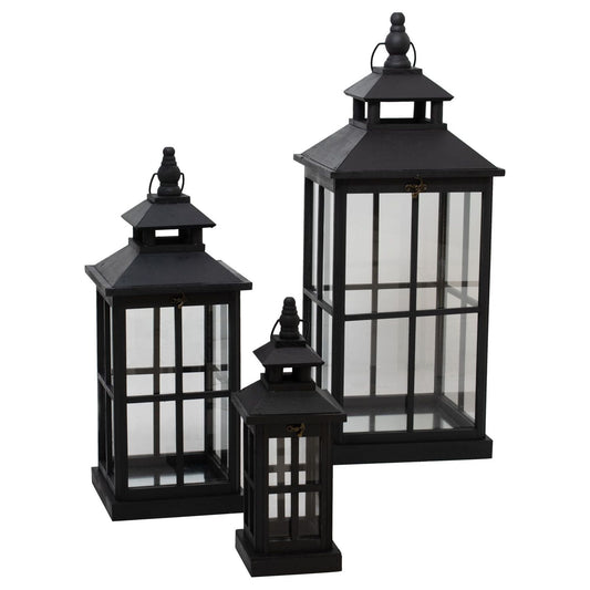 Set Of 3 Black Window Style Lanterns With Open Top - Ashton and Finch