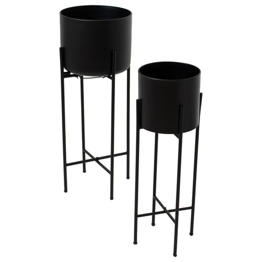 Set Of Two Matt Black Planters On Stand - Ashton and Finch