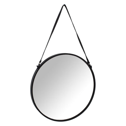 Matt Black Rimmed Round Hanging Wall Mirror With Black Strap - Ashton and Finch