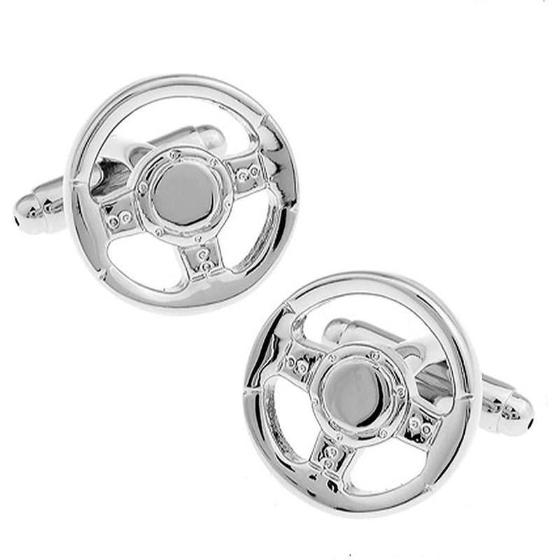 Silver Sports Car Steering Wheel Cufflinks