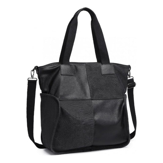 Paneled contrast large capacity canvas shoulder bag - black - Ashton and Finch